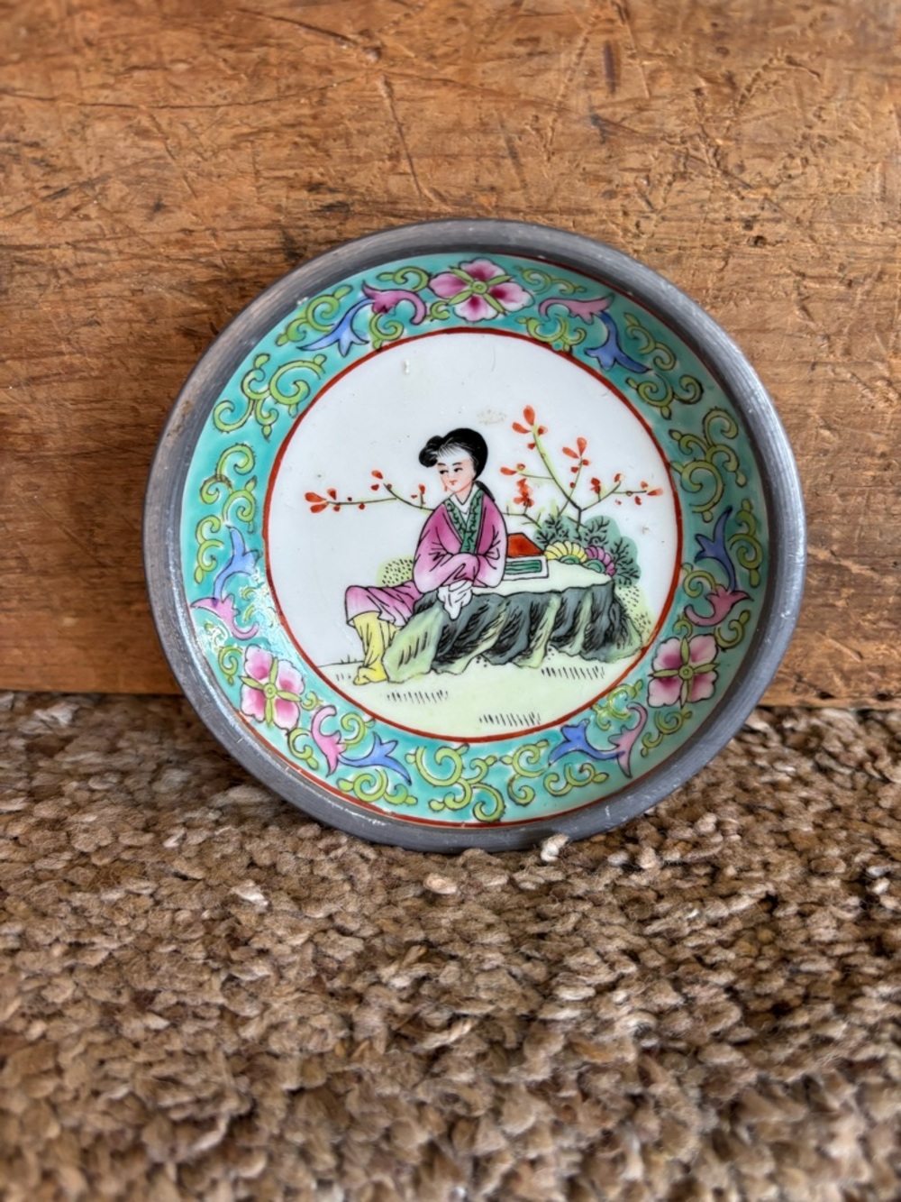 Hand-Painted Porcelain Home Art Plate in Aqua and Pink